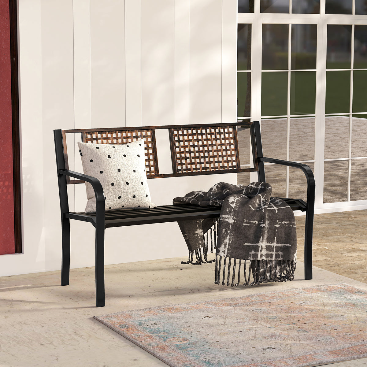 50 Inch Outdoor Metal Garden Bench with Rattan-Like Backrest for 2-3 People-Black