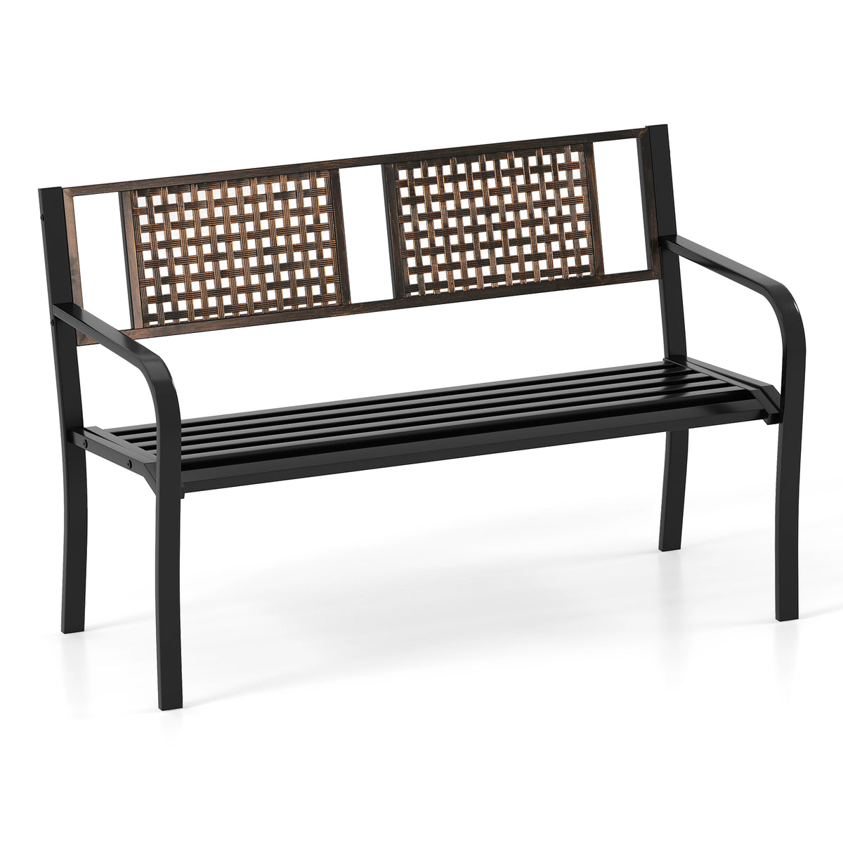 50 Inch Outdoor Metal Garden Bench with Rattan-Like Backrest for 2-3 People-Black