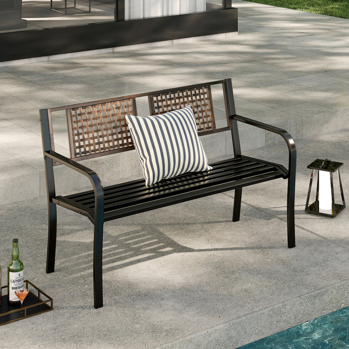 50 Inch Outdoor Metal Garden Bench with Rattan-Like Backrest for 2-3 People-Black