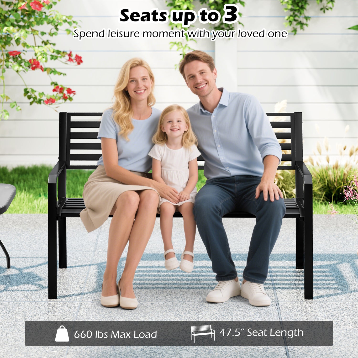 50 Inch Outdoor Metal Park Bench Patio Slatted Garden Bench for 2-3 People-Black