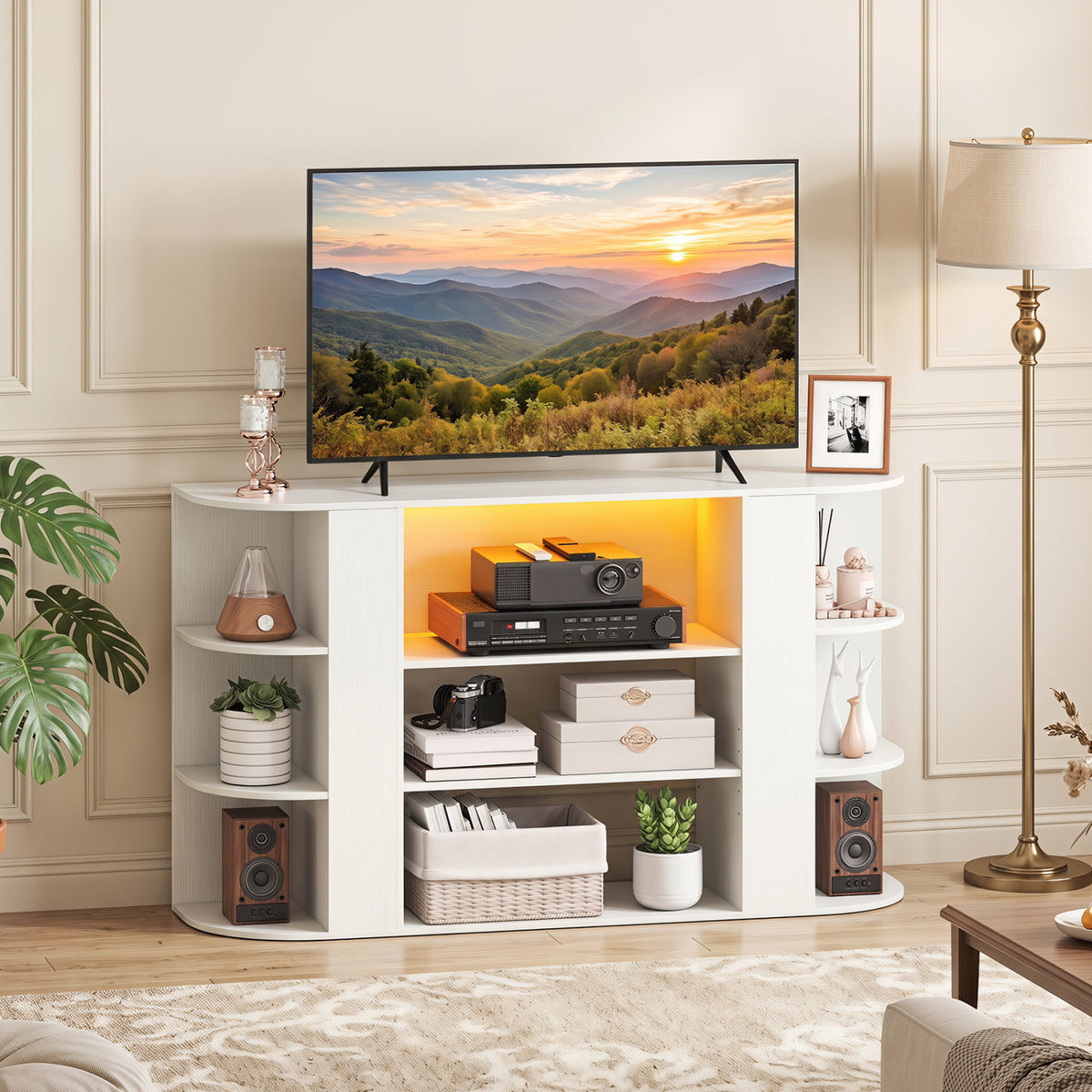 TV Stand for 55 Inch TV with RGB Lights Entertainment Center with Adjustable and Removable Shelf