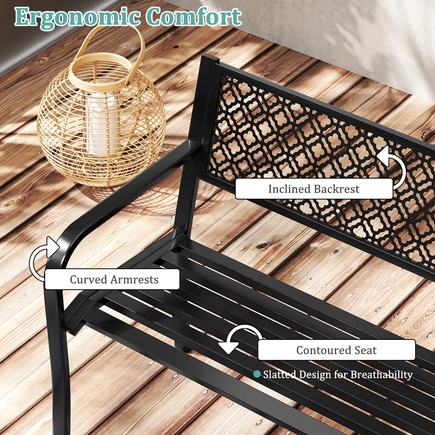 50 Inches Outdoor Garden Bench with Geometric Lattice Backrest and Slatted Seat