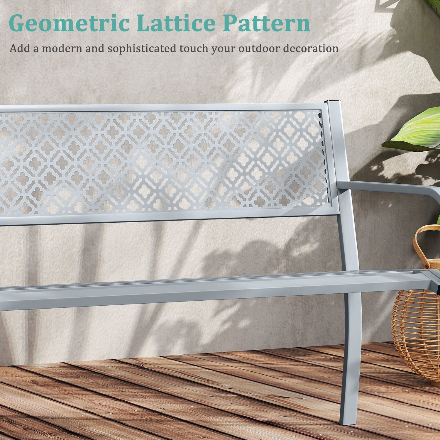 50 Inches Outdoor Garden Bench with Geometric Lattice Backrest and Slatted Seat