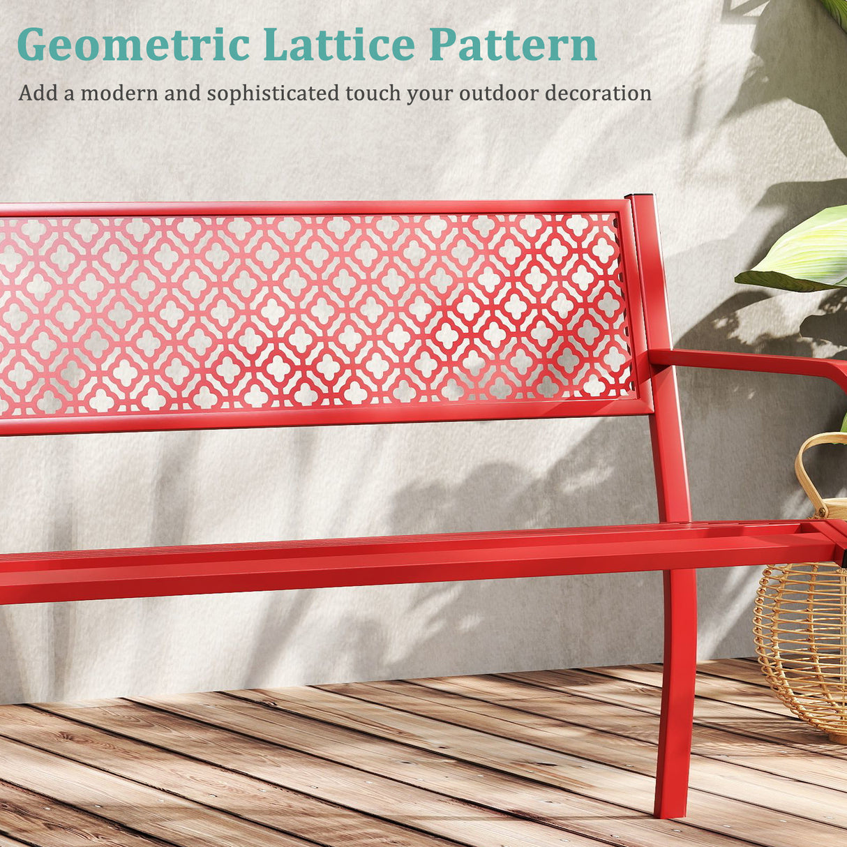 50 Inches Outdoor Garden Bench with Geometric Lattice Backrest and Slatted Seat