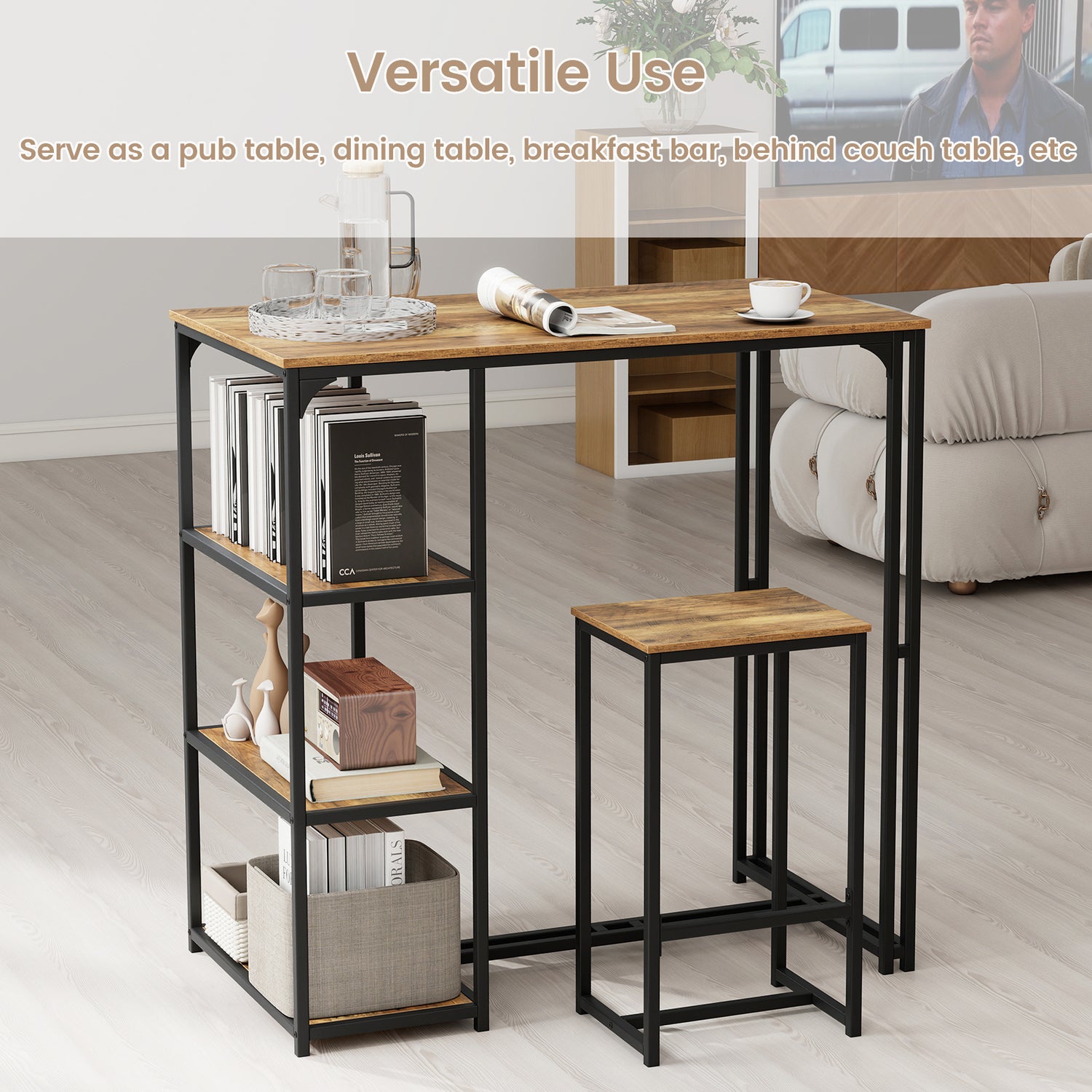 3-Piece Bar Table Set for 2 Bar-Height Dining Table with 2 Stools-Rustic Brown