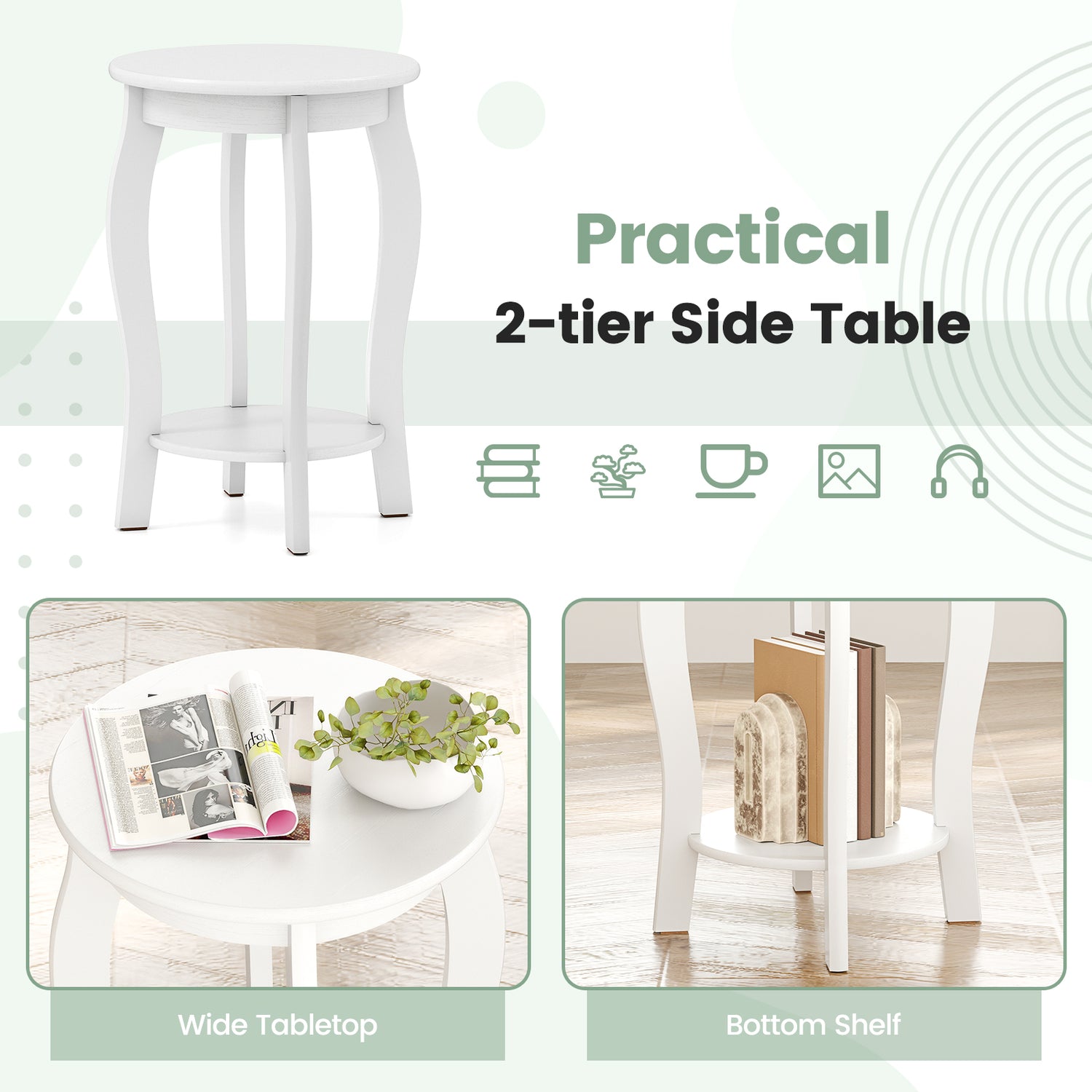 Set of 2 15 Inch 2-Tier Round End Table with Storage Shelf