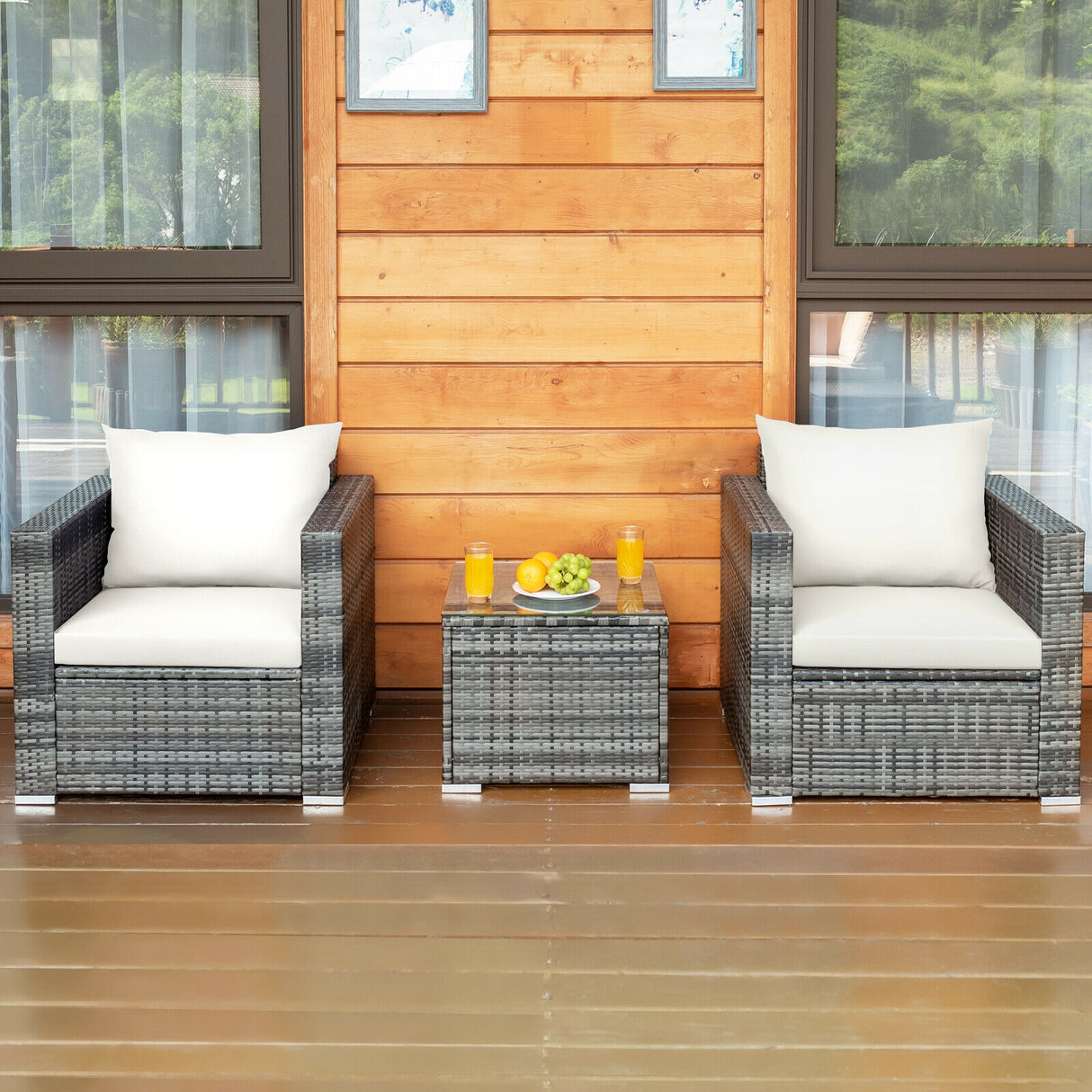 3 Pcs Patio Rattan Furniture Bistro Sofa Set with Cushioned