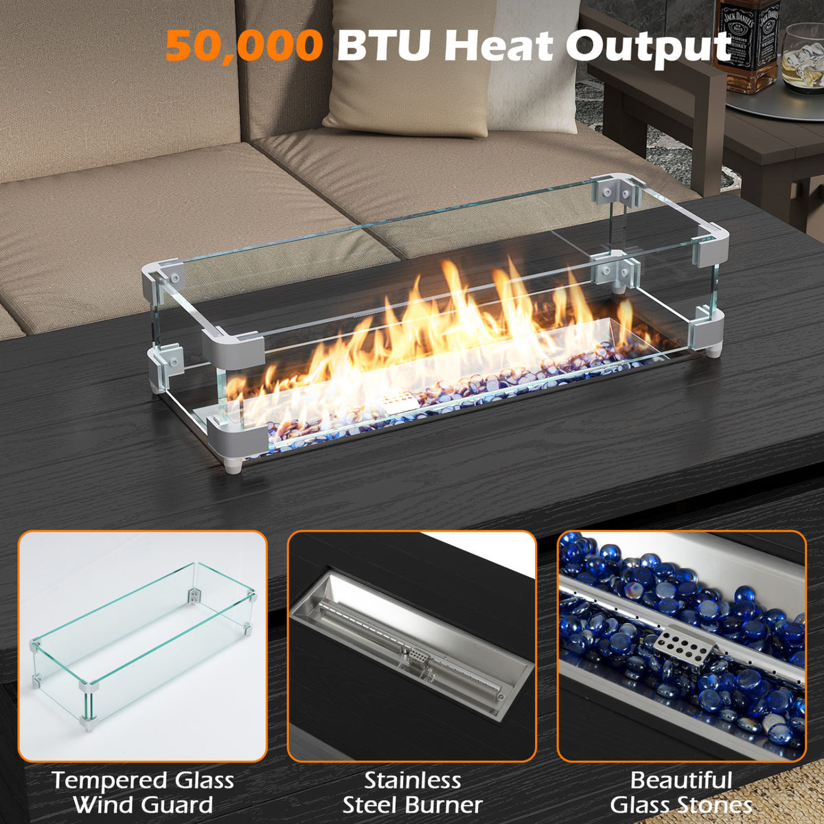 Propane Fire Pit Table 50000 BTU Gas Firepit with Removable Lid and Tempered Glass Wind Guard for Patio