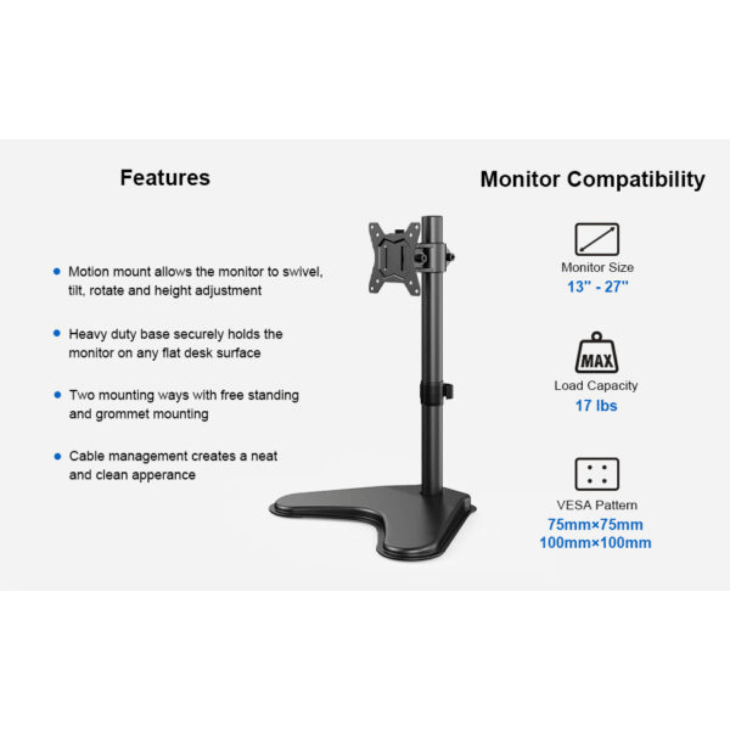 ErgoAV Desk Stand for Single Monitor 13" to 27"