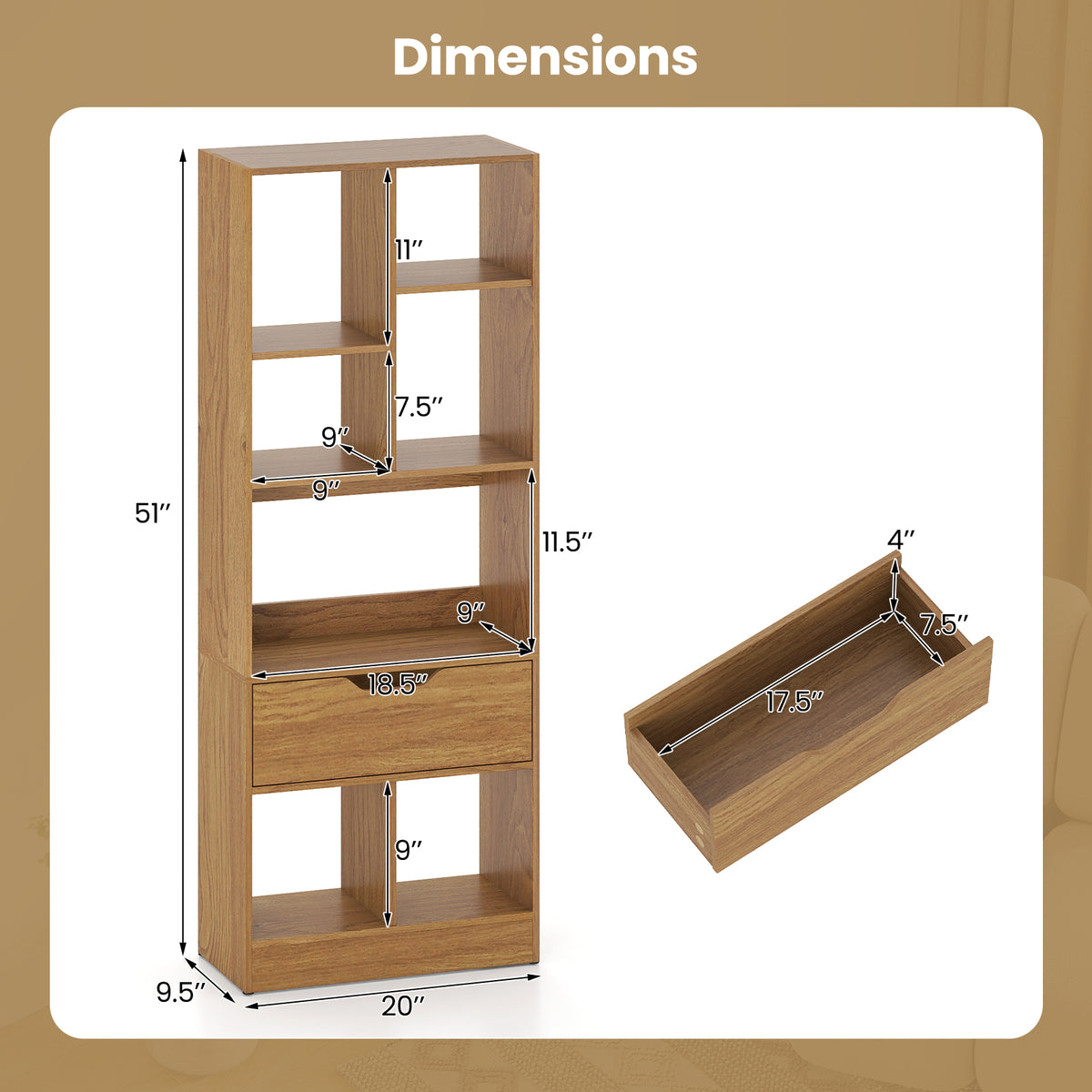 51inch Tall Freestanding Bookcase with Drawer 7-Cube Storage Organizer