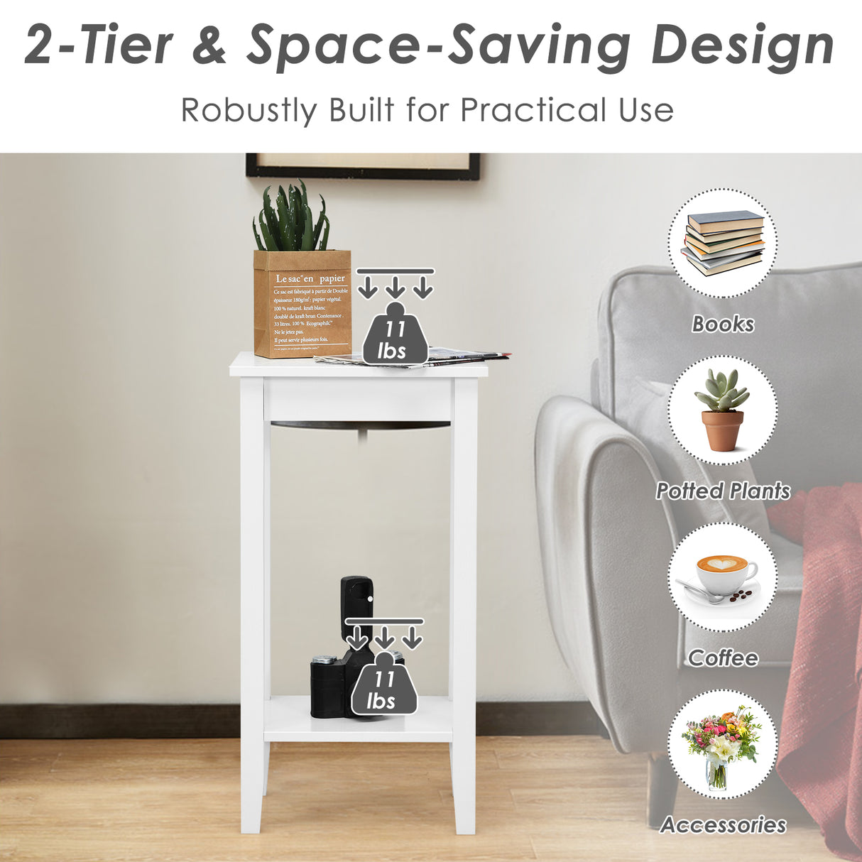 Set of 2 Versatile 2-Tier End Table with Storage Shelf