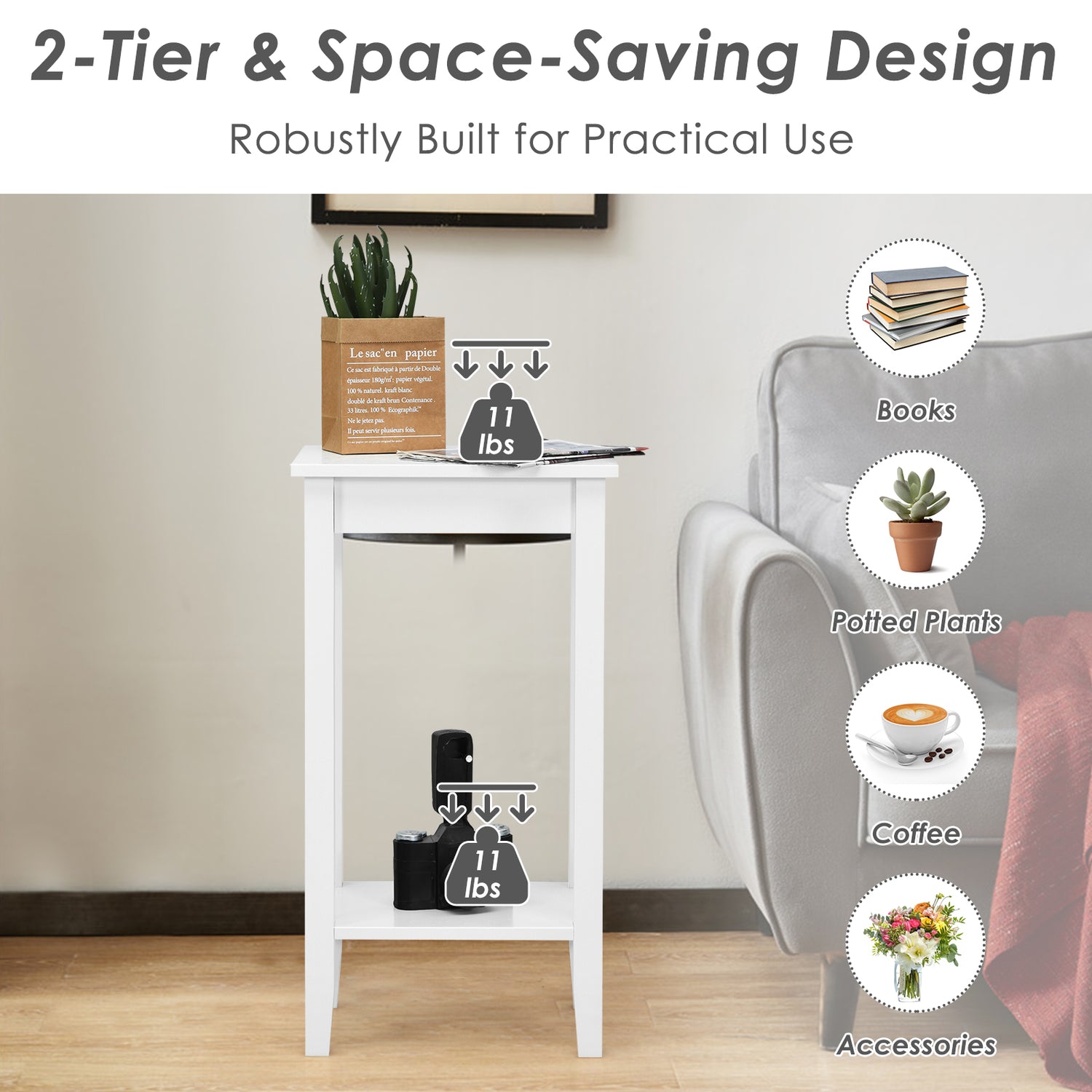 Set of 2 Versatile 2-Tier End Table with Storage Shelf