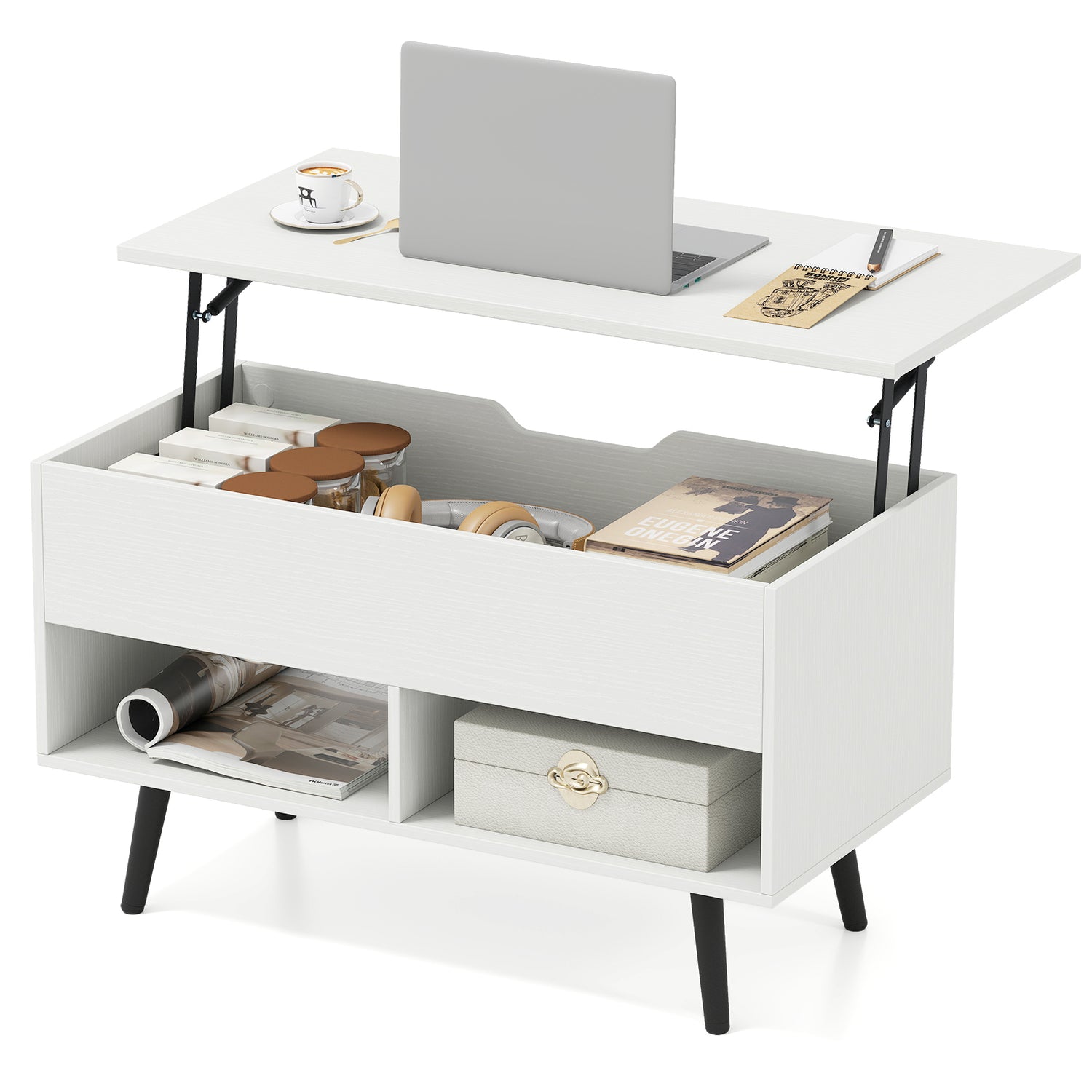 31.5 Inch Lift Top Coffee Table with Hidden Compartment and 2 Storage Shelves