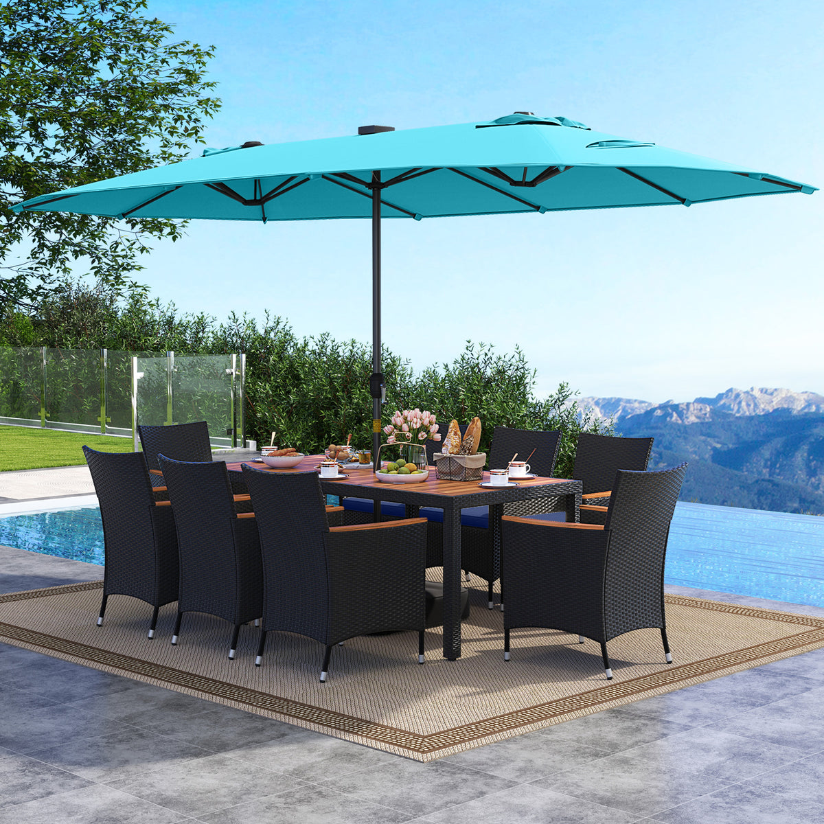 11 Pieces Patio Dining Set with LED Patio Umbrella with Base and Seat Cushions (Navy)
