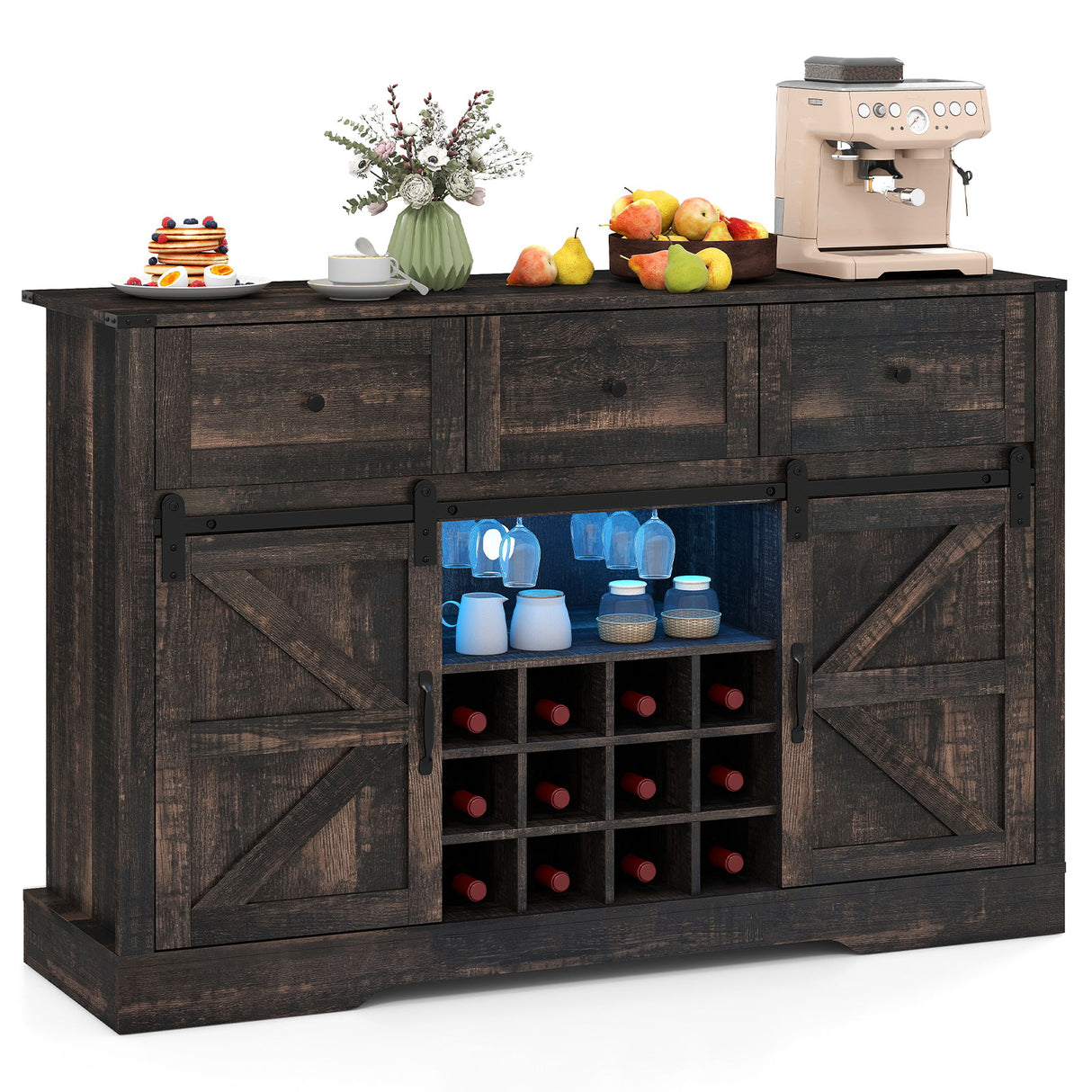 52 Inches Wine Bar Cabinet with LED Lights and Sliding Barn Doors