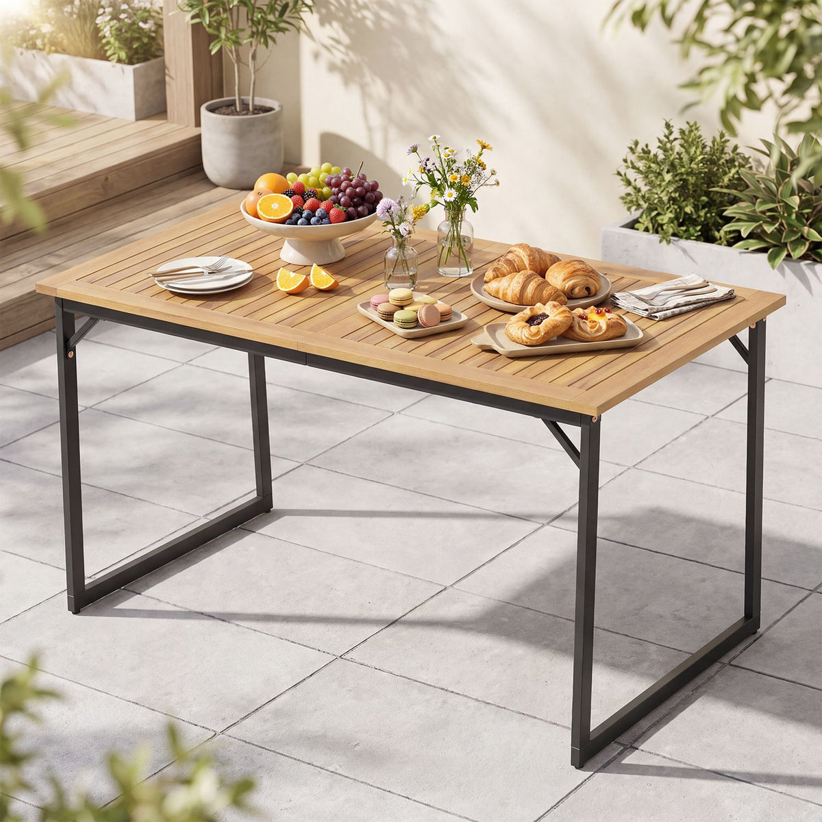 53" Acacia Wood Patio Dining Table with 1.97" Umbrella Hole for 6