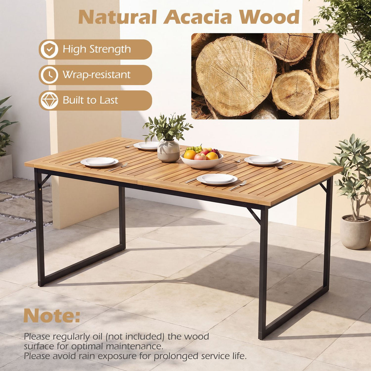59" Acacia Wood Patio Dining Table for 6 with 1.97" Umbrella Hole