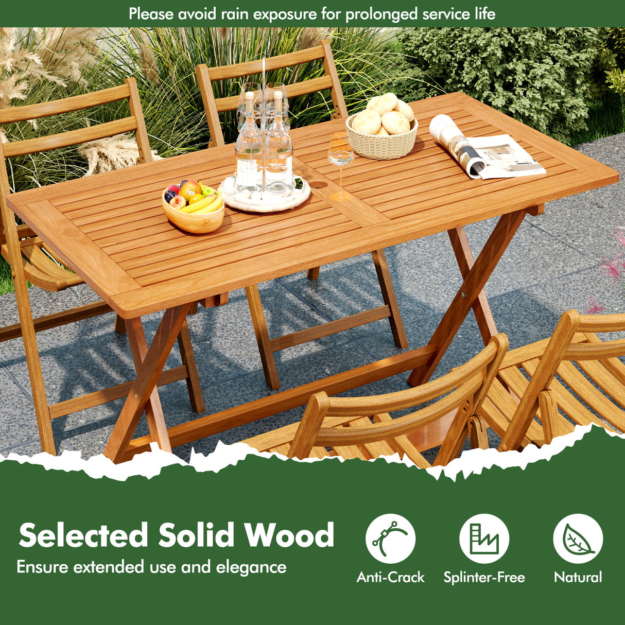 54.5 Inch x 27.5 Inch Patio Dining Table with Teak Painting and Umbrella Hole