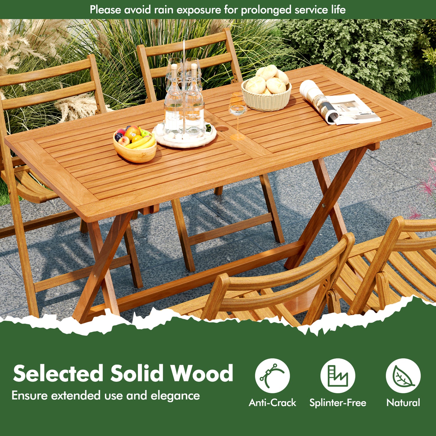 54.5 Inch x 27.5 Inch Patio Dining Table with Teak Painting and Umbrella Hole