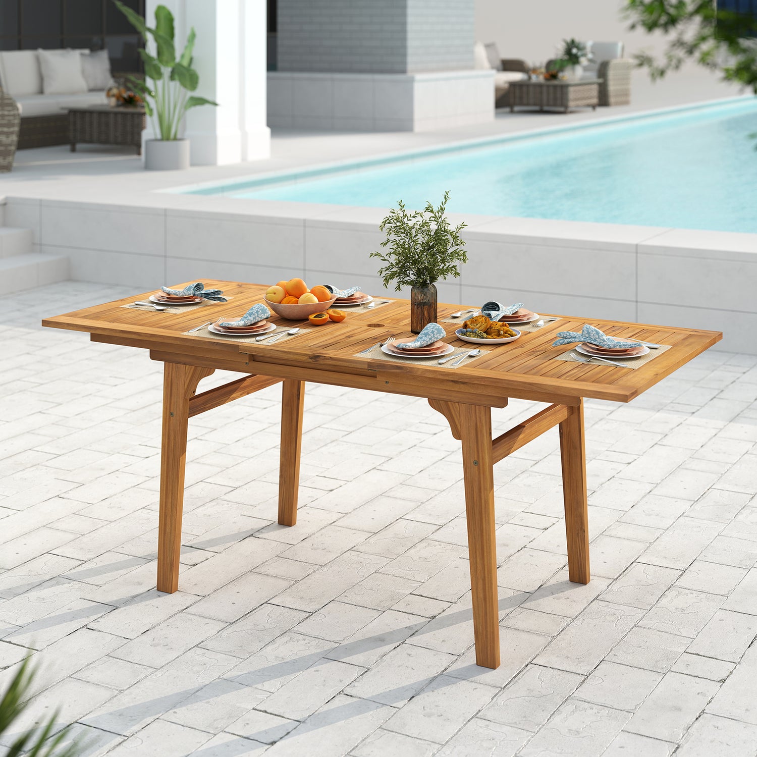 55 Inch Patio Dining Table Expandable for 6-8 People with Umbrella Hole