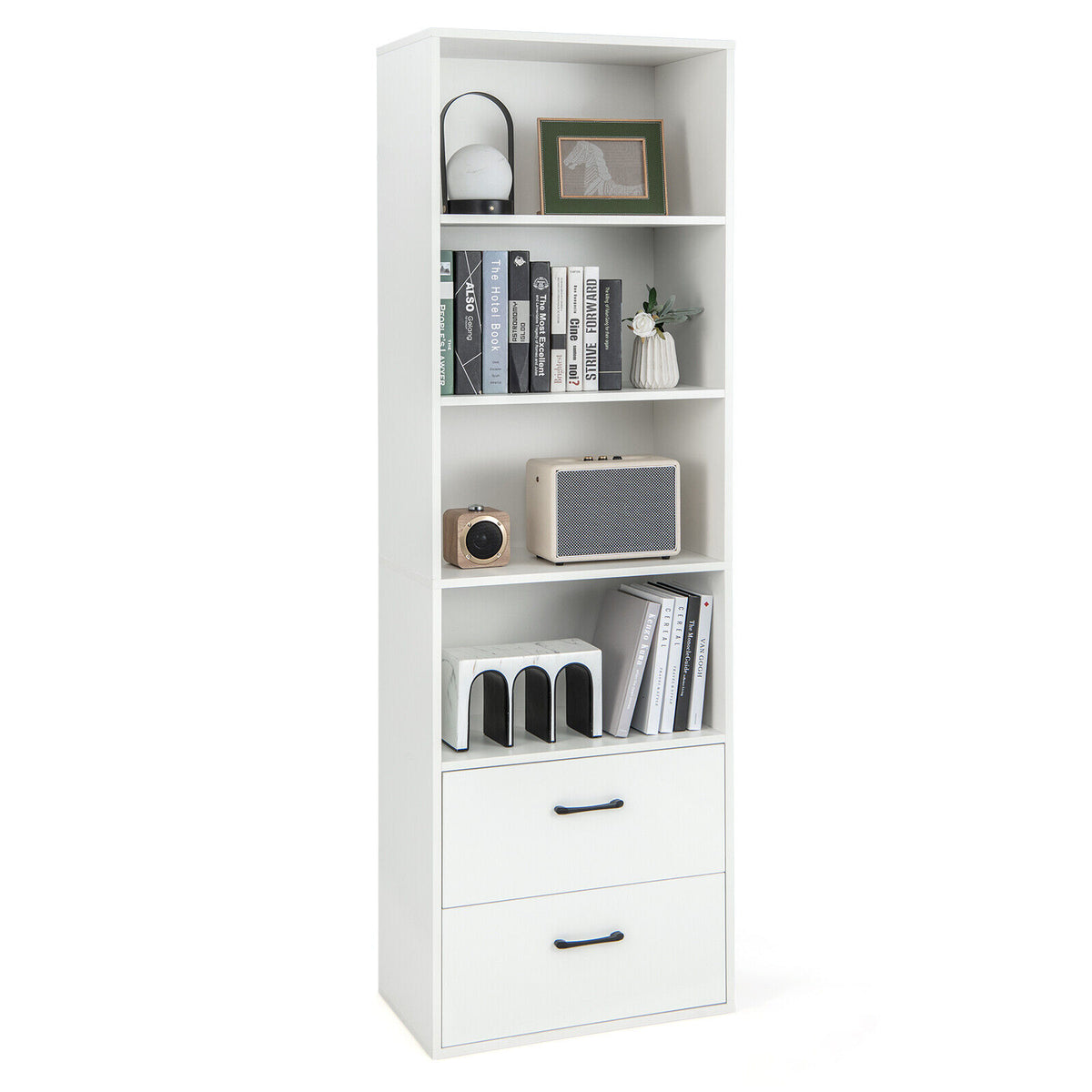6-Tier Tall Freestanding Bookshelf with 4 Open Shelves and 2 Drawers