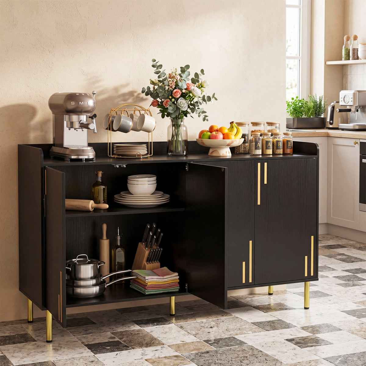 55" Buffet Cabinet with 4 Doors and 5 Metal Legs Modern Credenza