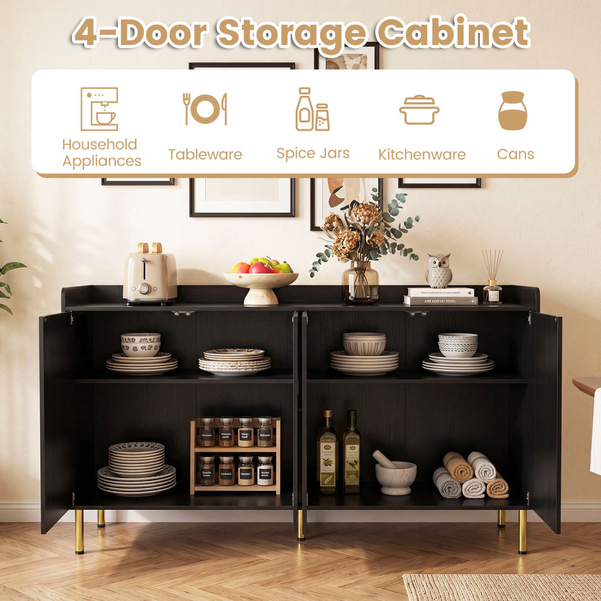 55" Buffet Cabinet with 4 Doors and 5 Metal Legs Modern Credenza