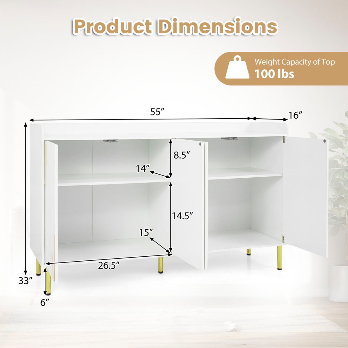 55" Buffet Cabinet with 4 Doors and 5 Metal Legs Modern Credenza