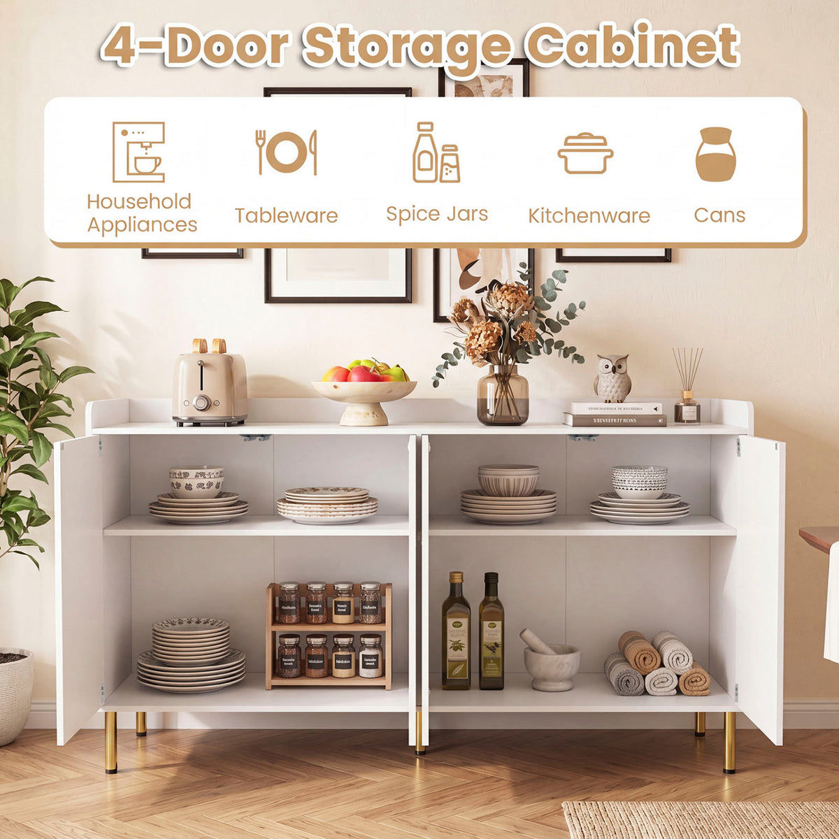 55" Buffet Cabinet with 4 Doors and 5 Metal Legs Modern Credenza