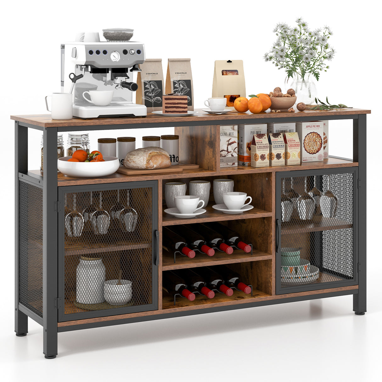 55-Inch Buffet Sideboard with 8-Bottle Wine Racks and Wine Glass Holders