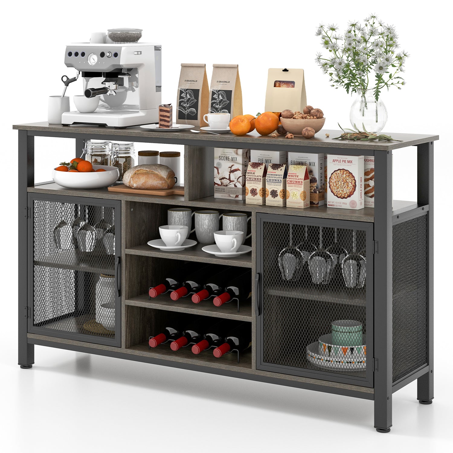55-Inch Buffet Sideboard with 8-Bottle Wine Racks and Wine Glass Holders