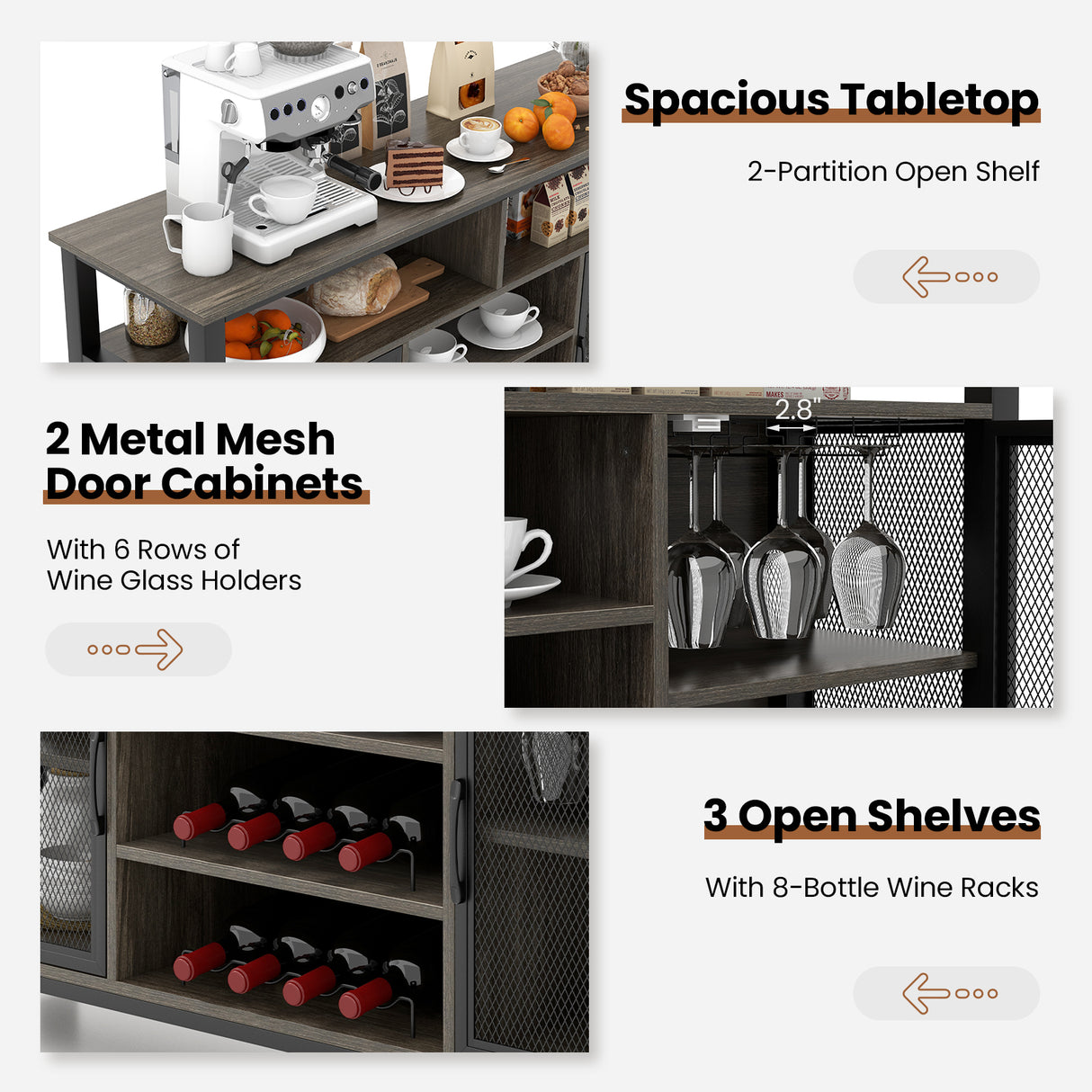 55-Inch Buffet Sideboard with 8-Bottle Wine Racks and Wine Glass Holders