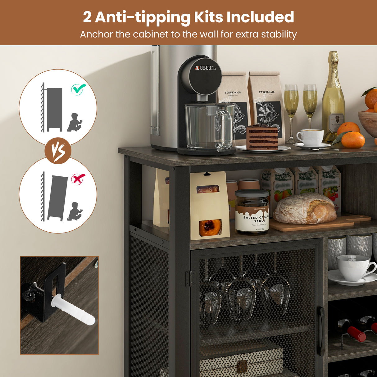 55-Inch Buffet Sideboard with 8-Bottle Wine Racks and Wine Glass Holders