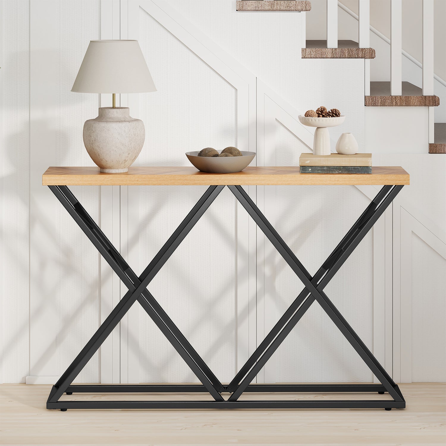55 Inch Console Table with Solid Metal Frame and Storage-Wood