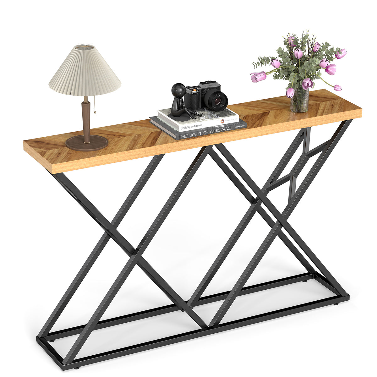 55 Inch Console Table with Solid Metal Frame and Storage-Wood