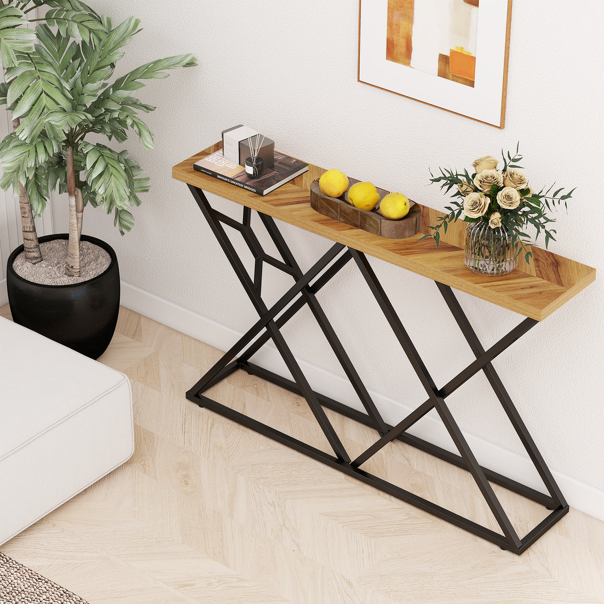 55 Inch Console Table with Solid Metal Frame and Storage-Wood