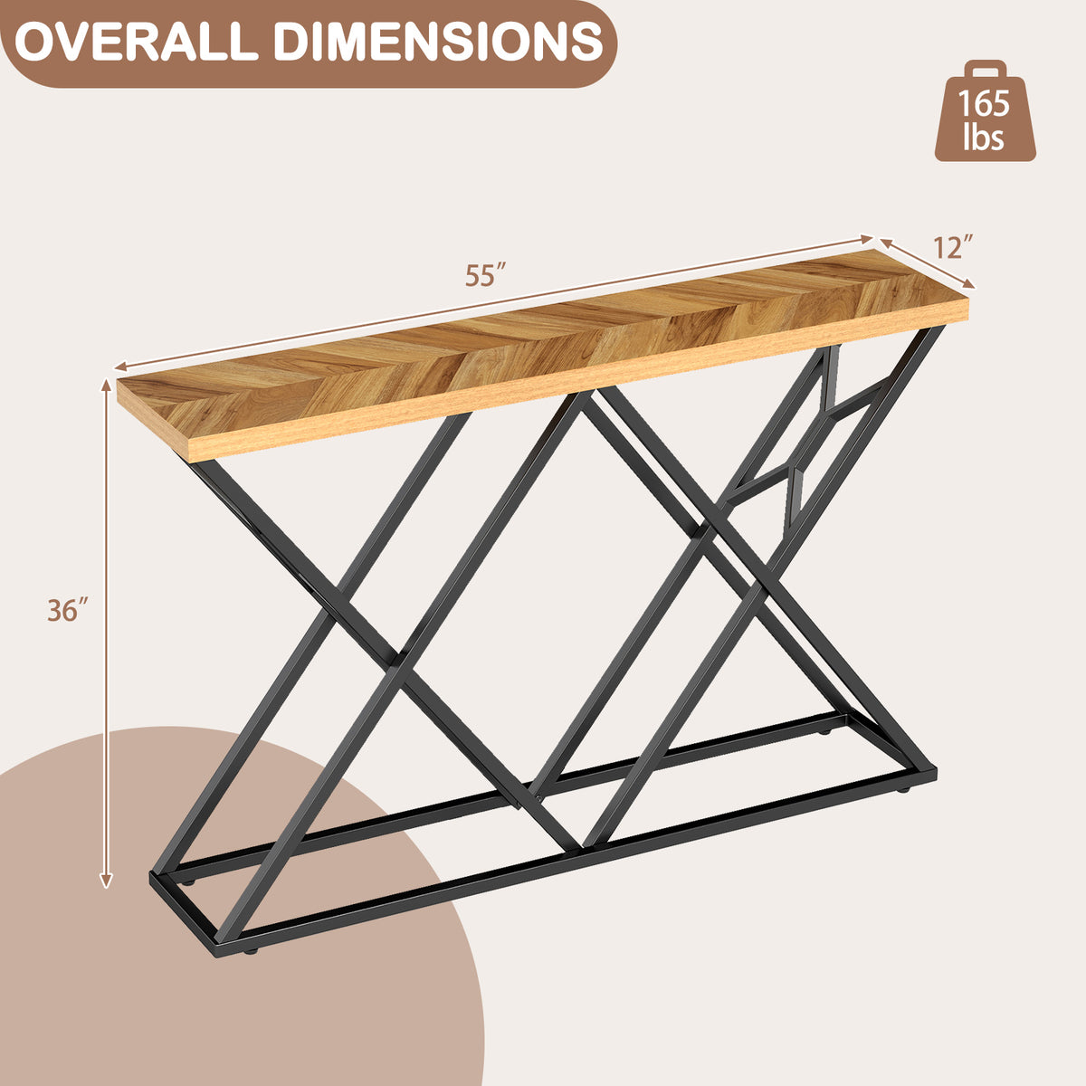 55 Inch Console Table with Solid Metal Frame and Storage-Wood