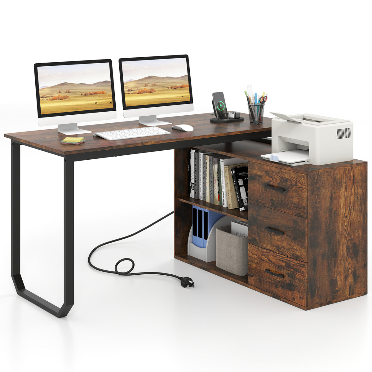 Reversible L Shaped Desk with 3 Drawers Home Office Desk with Adjustable Shelf