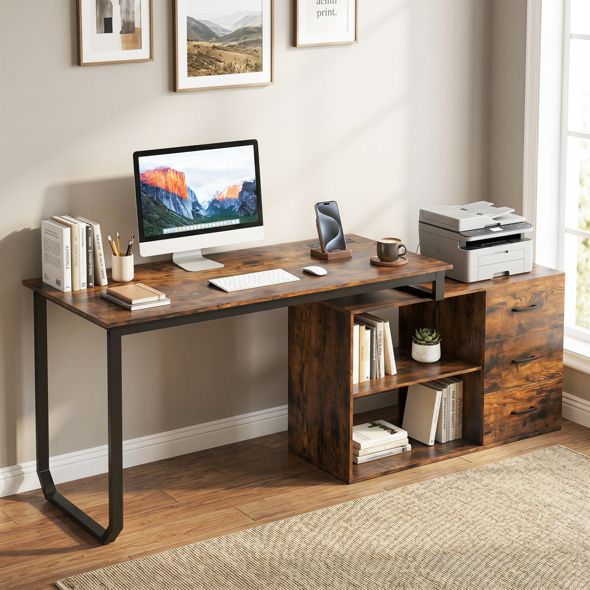 Reversible L Shaped Desk with 3 Drawers Home Office Desk with Adjustable Shelf
