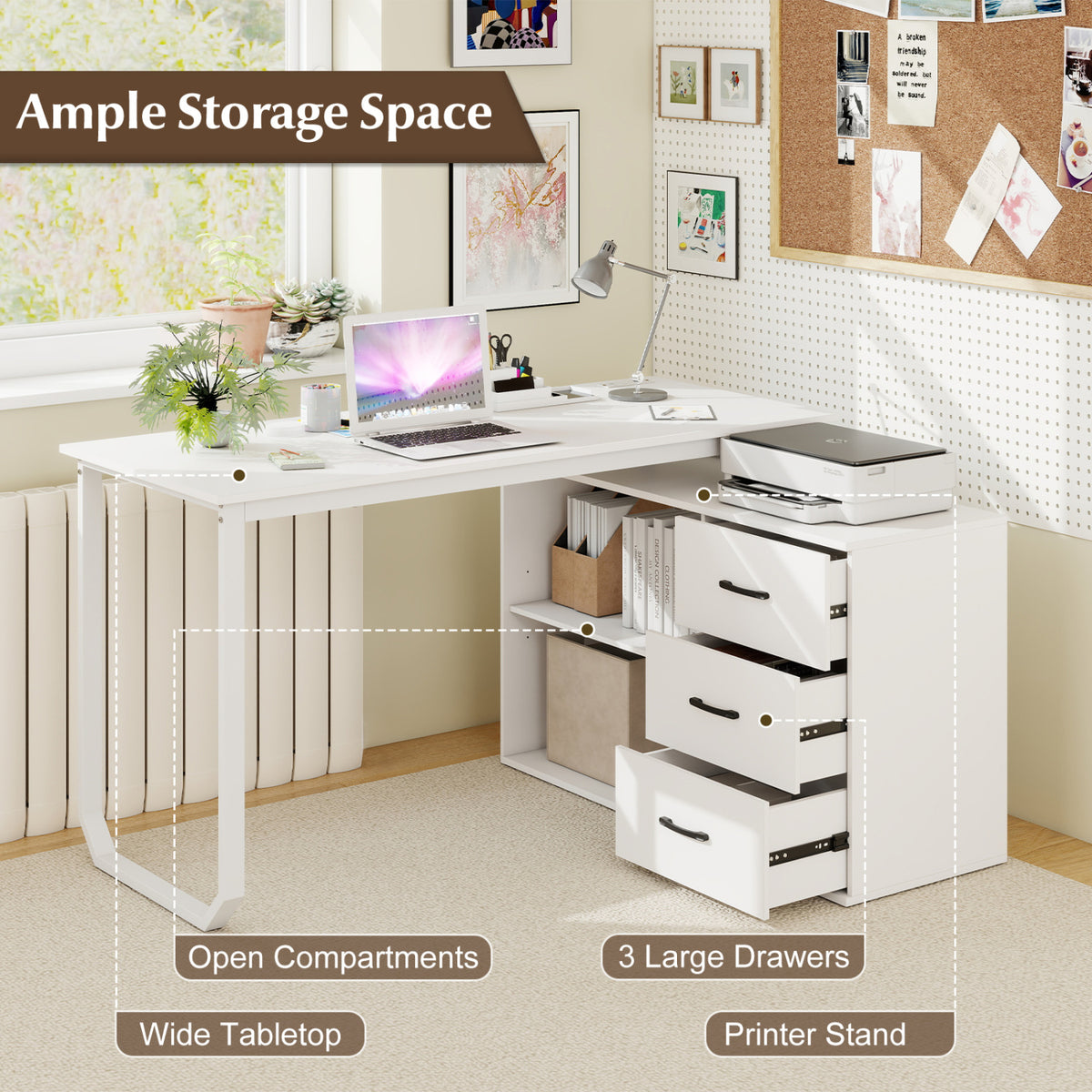 Reversible L Shaped Desk with 3 Drawers Home Office Desk with Adjustable Shelf