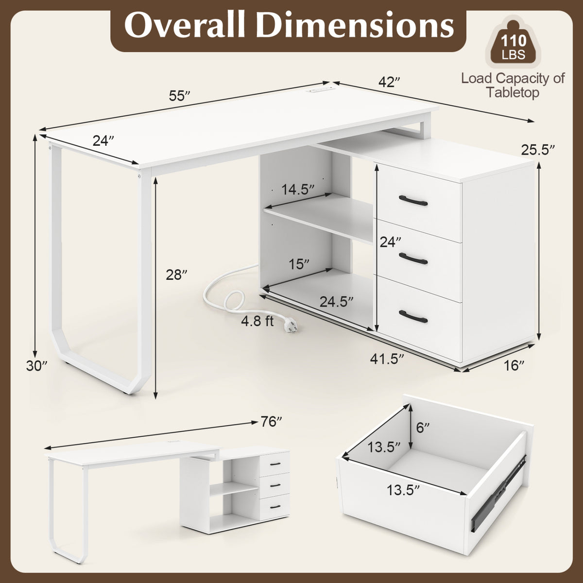 Reversible L Shaped Desk with 3 Drawers Home Office Desk with Adjustable Shelf