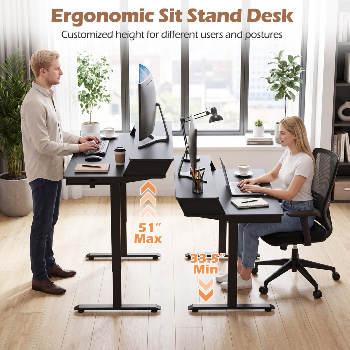 55 Inch x 27 Inch Electric Standing Desk with Drawers