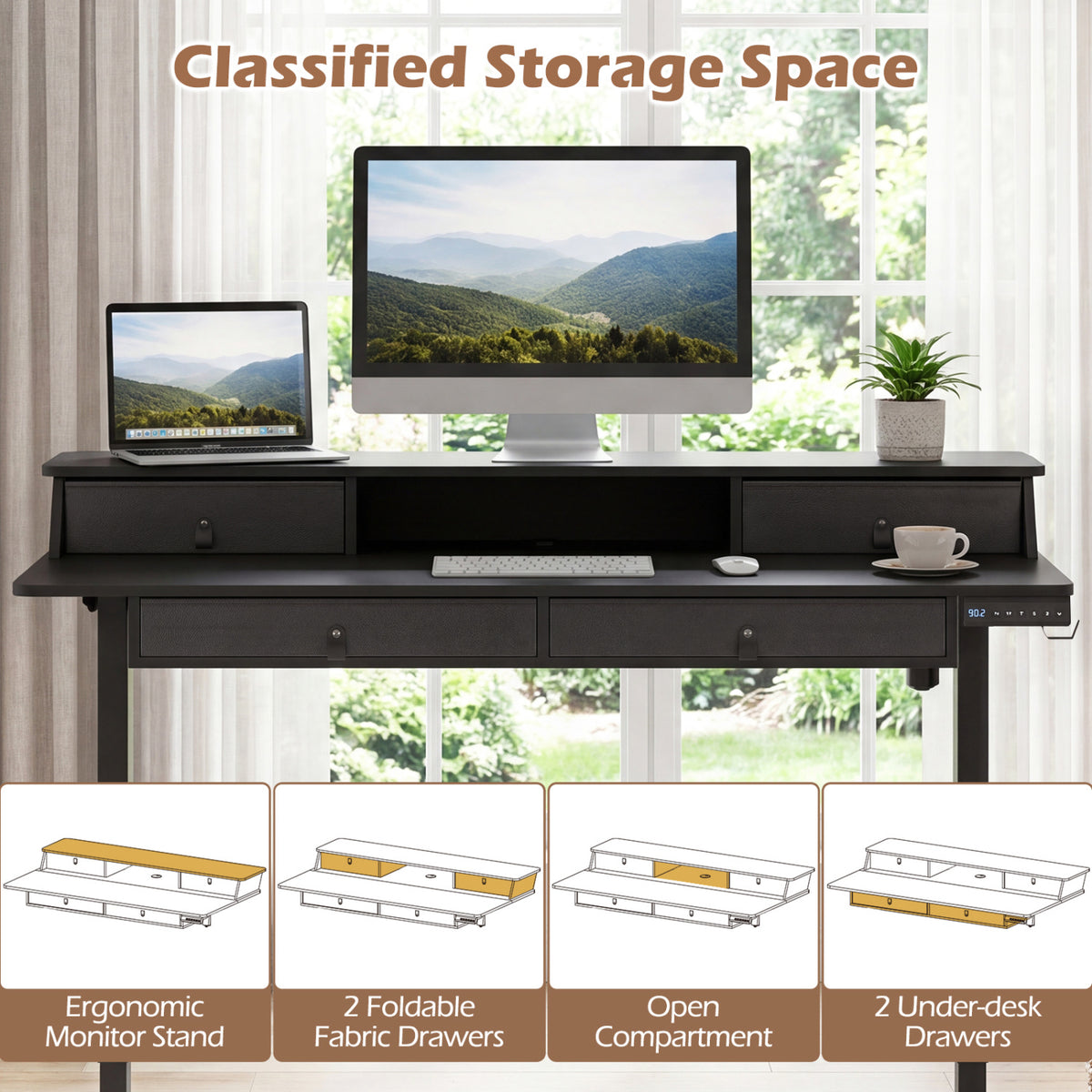 55 Inch x 27 Inch Electric Standing Desk with Drawers