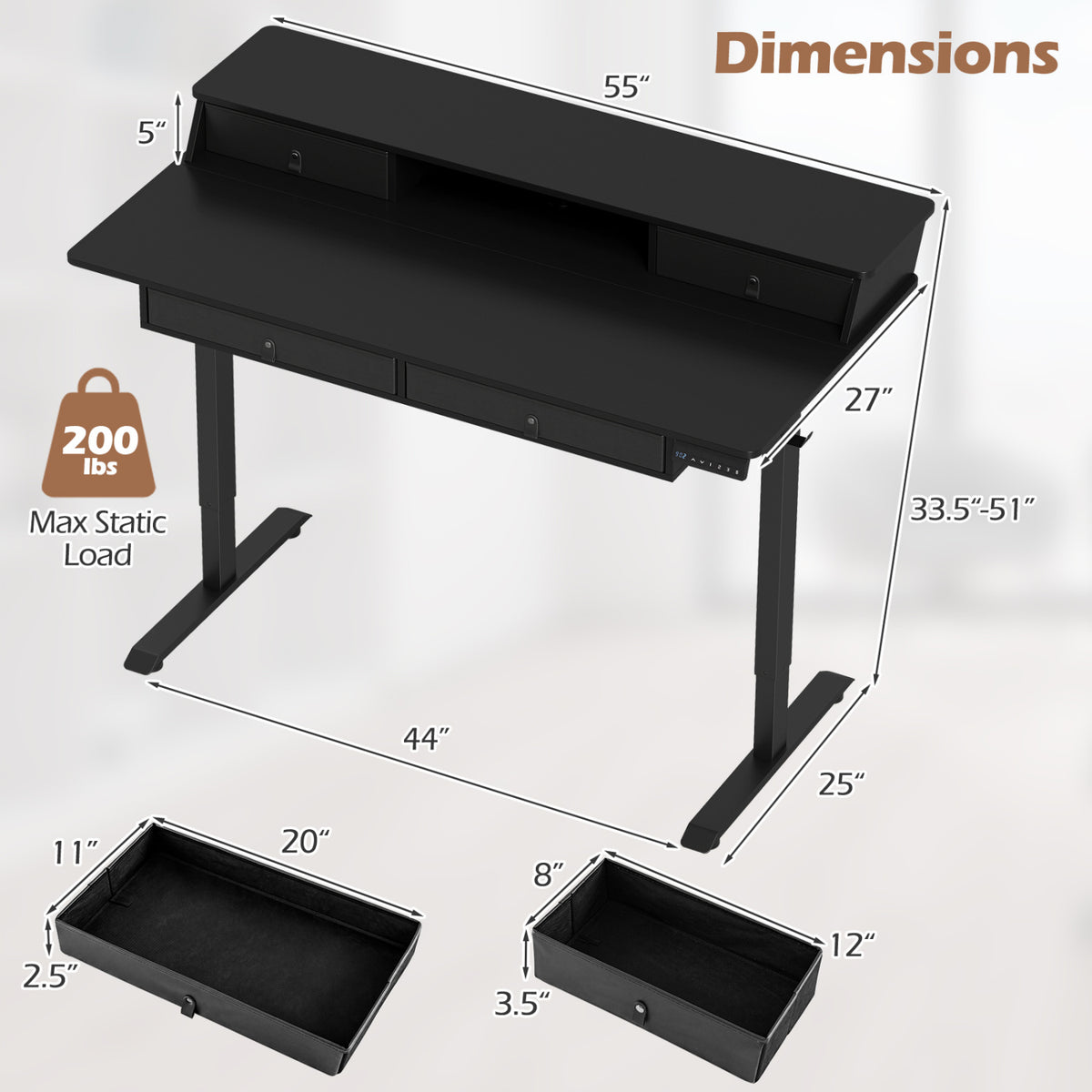 55 Inch x 27 Inch Electric Standing Desk with Drawers