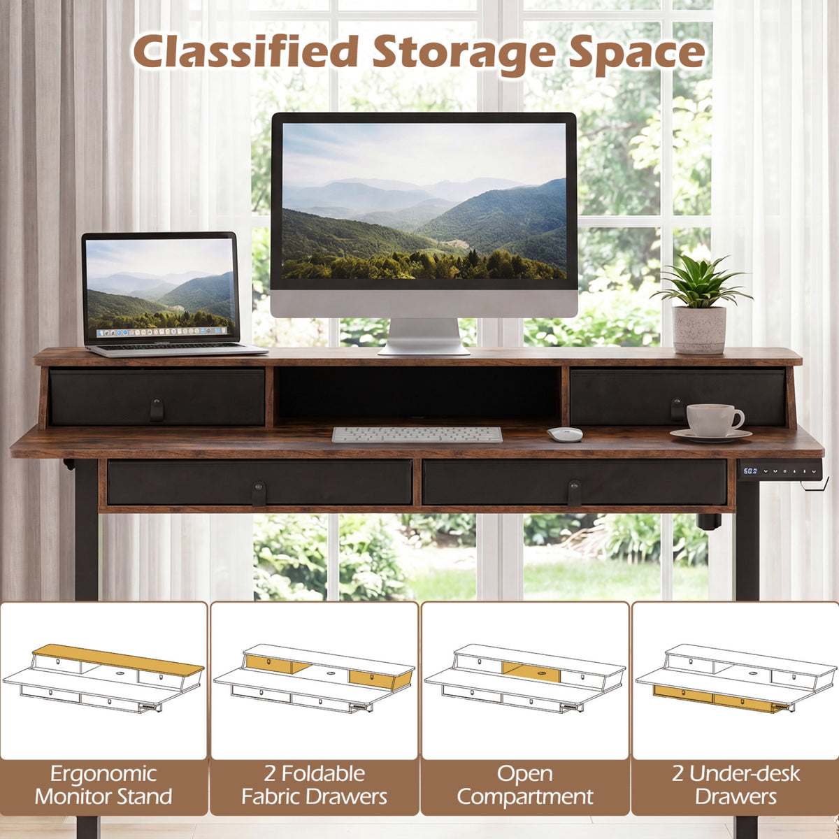 55 Inch x 27 Inch Electric Standing Desk with Drawers