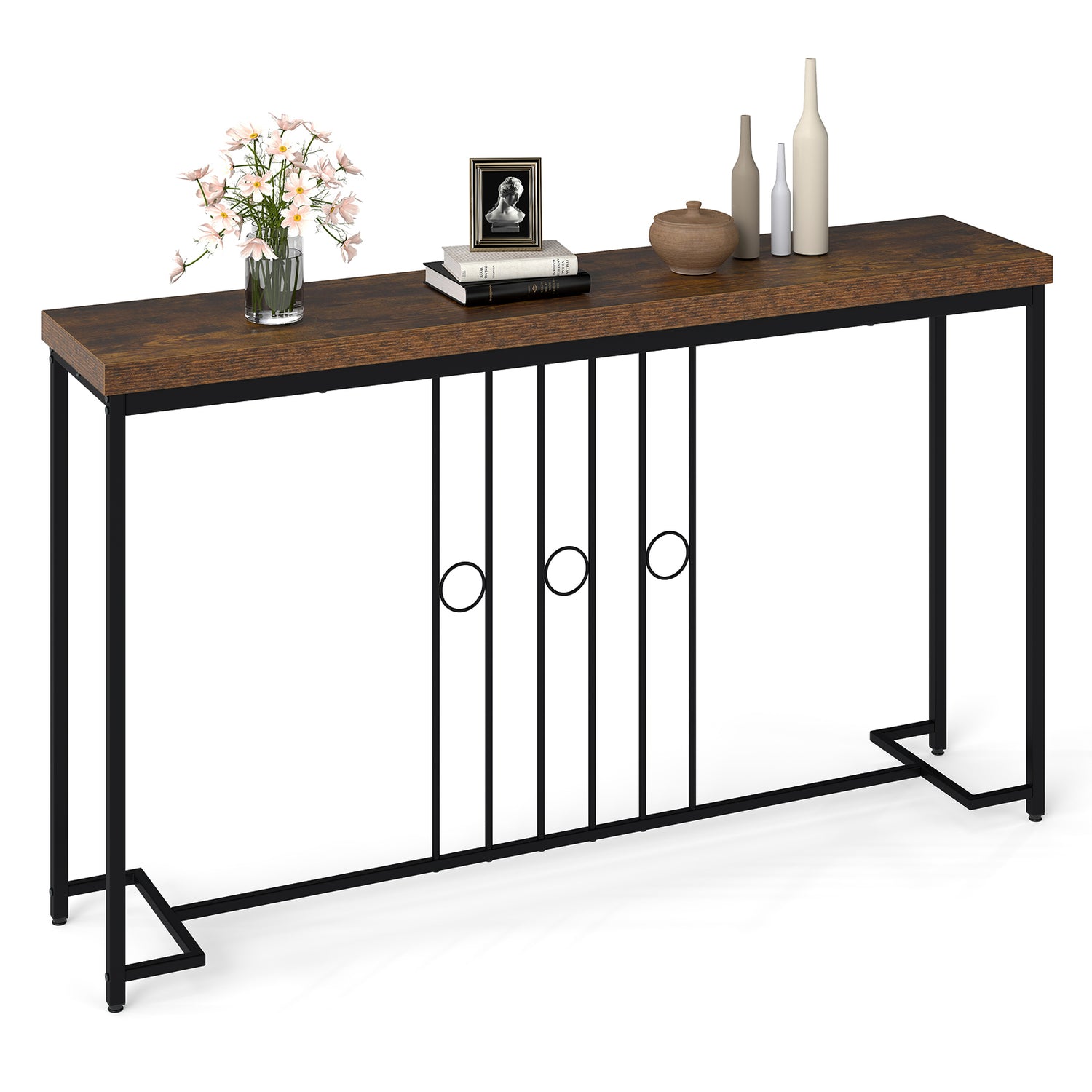 55" Industrial Console Table with H-Shaped Base-Brown