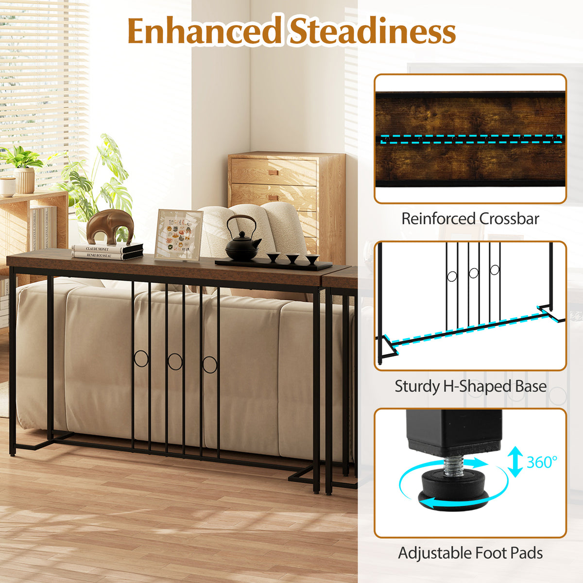 55" Industrial Console Table with H-Shaped Base-Brown