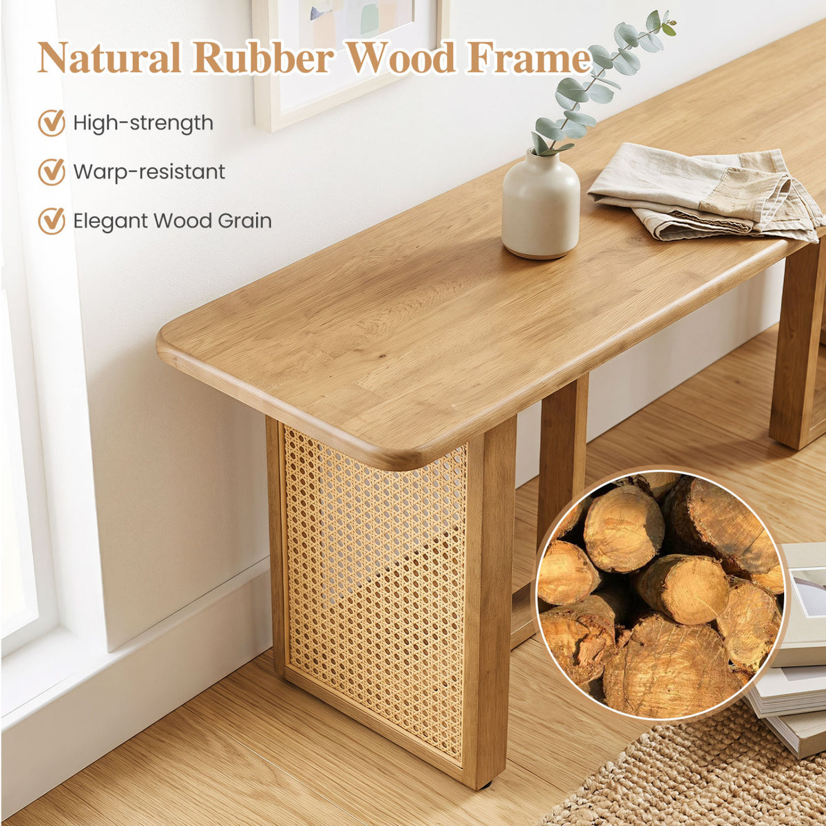 55" Solid Rubber Wood Dining Bench with Rattan Legs-Natural