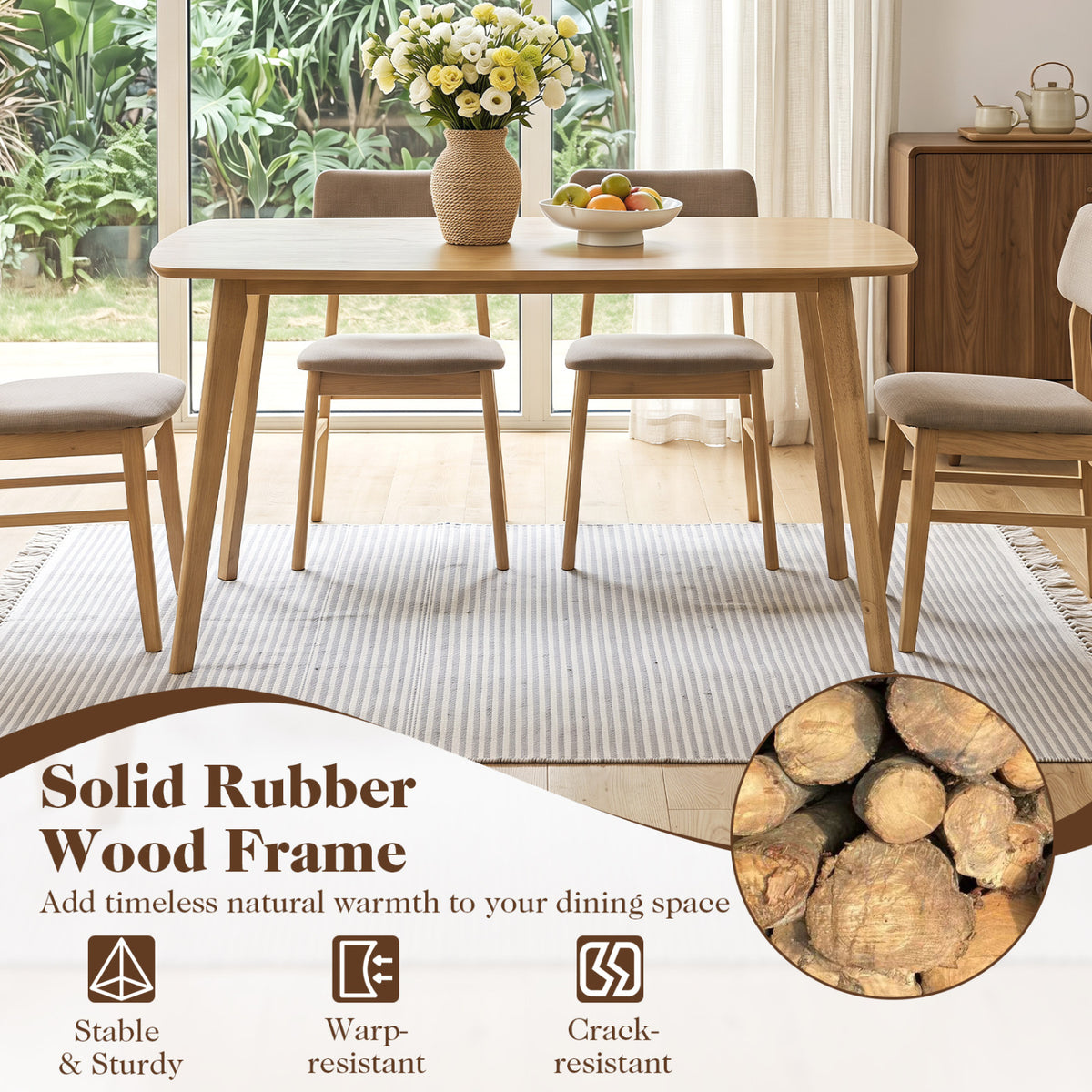 55" Solid Wood Dining Table for 4-6 People with Rounded Edges-Natural