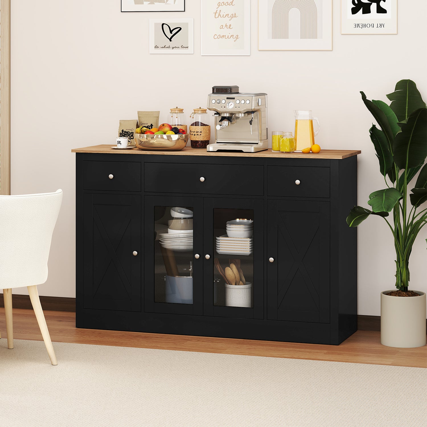 55" Large Buffet Sideboard Kitchen Storage Cabinet with 3 Drawers 2 See-through Doors Adjustable Shelves Wine Bar Table